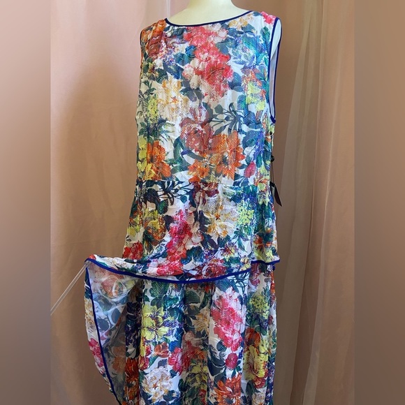 Adrianna Papell Floral Print Asymmetrical Fit & Flare Dress Lettuce Trim - Picture 6 of 14